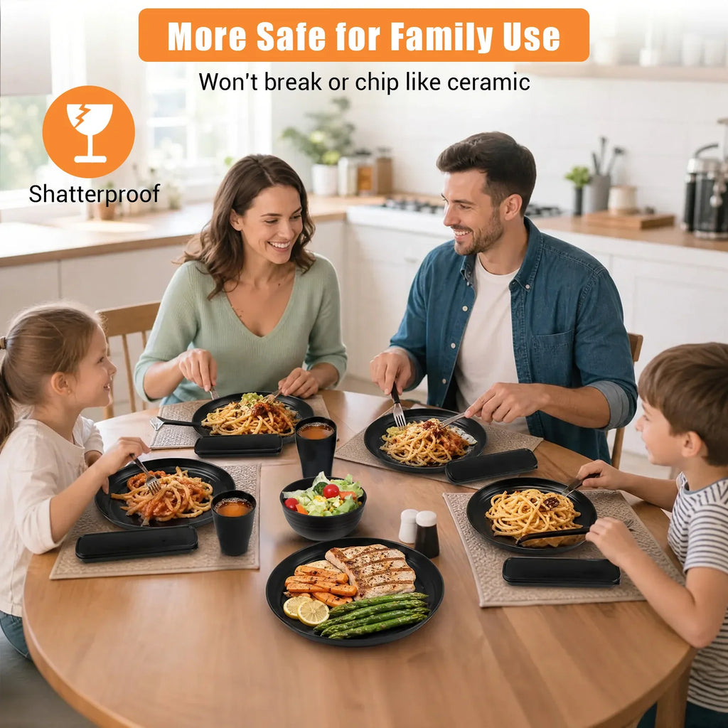 32Pcs Plastic Dinnerware Set Unbreakable Plates Bowls Cups Set  Grain Bowl Microwave Dishwasher Safe Family Camping Tableware