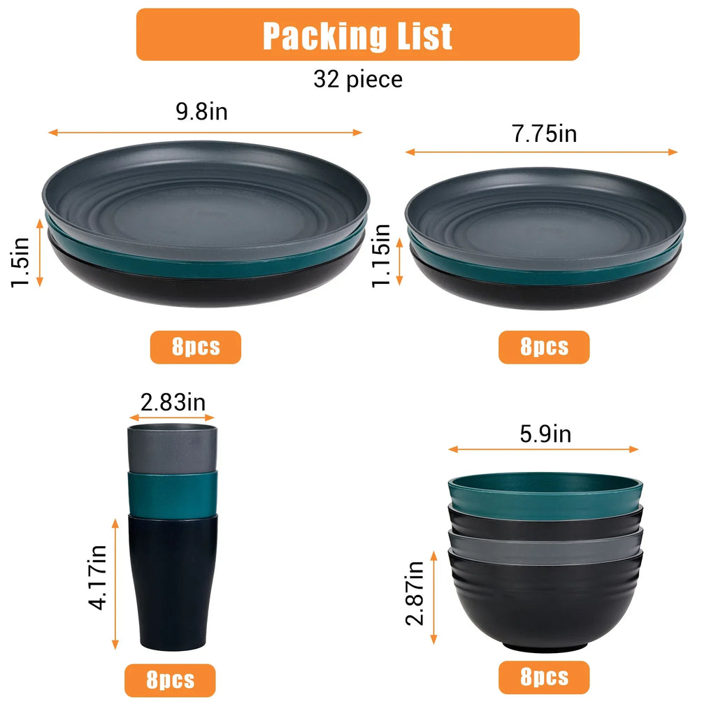 32Pcs Plastic Dinnerware Set Unbreakable Plates Bowls Cups Set  Grain Bowl Microwave Dishwasher Safe Family Camping Tableware