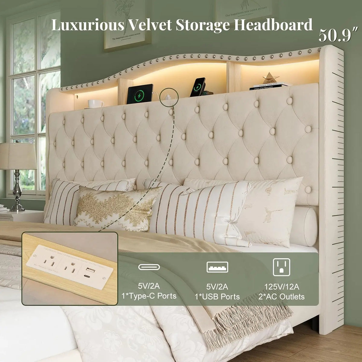King Size Platform Bed Frame with 50.9" LED Headboard, Beige, Custom