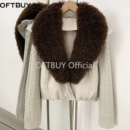 OFTBUY Women Winter Real Lamb Wool Fur Collar 90 White Duck Down Jacket Cable Knit Sleeve Zipper Drawstring Cropped Coat