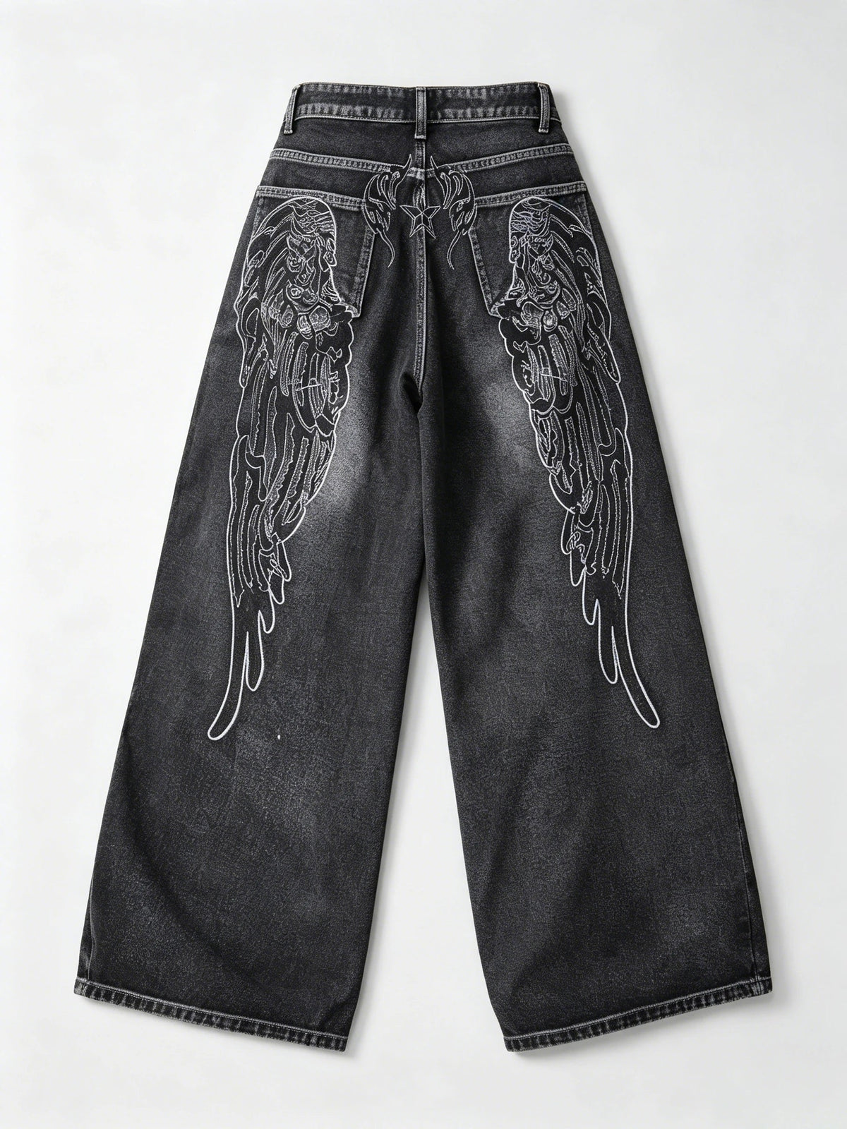 1 Pc American Retro Creative Wing Embroidered Women's High-Waisted Jeans, Fashionable And Versatile Slimming Wide-Leg Trousers