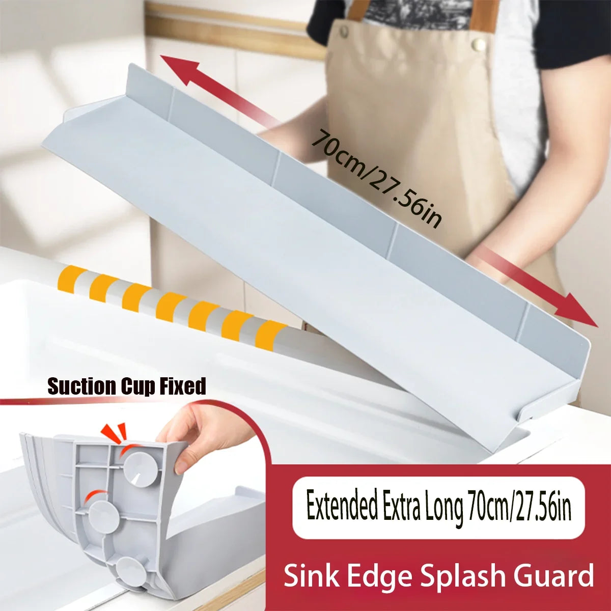 70cm Kitchen Sink Water Baffle Splash Guard with Suction Cups Cream White/Gray