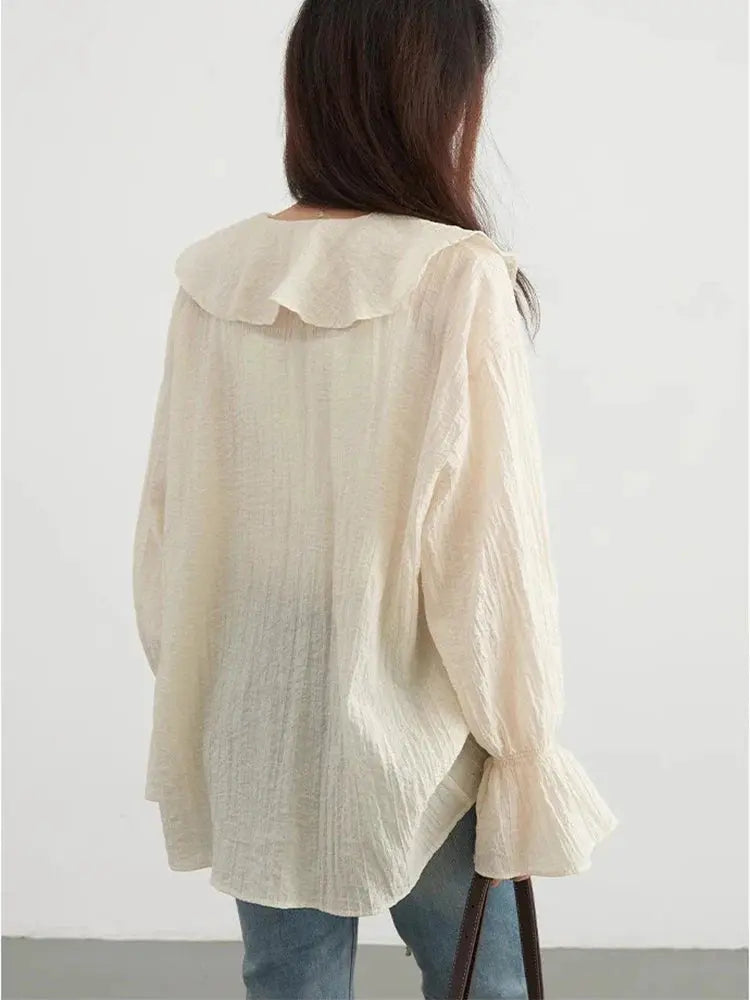 V-Neck Lace-Up Blouse with Ruffled Edges and Loose Fit