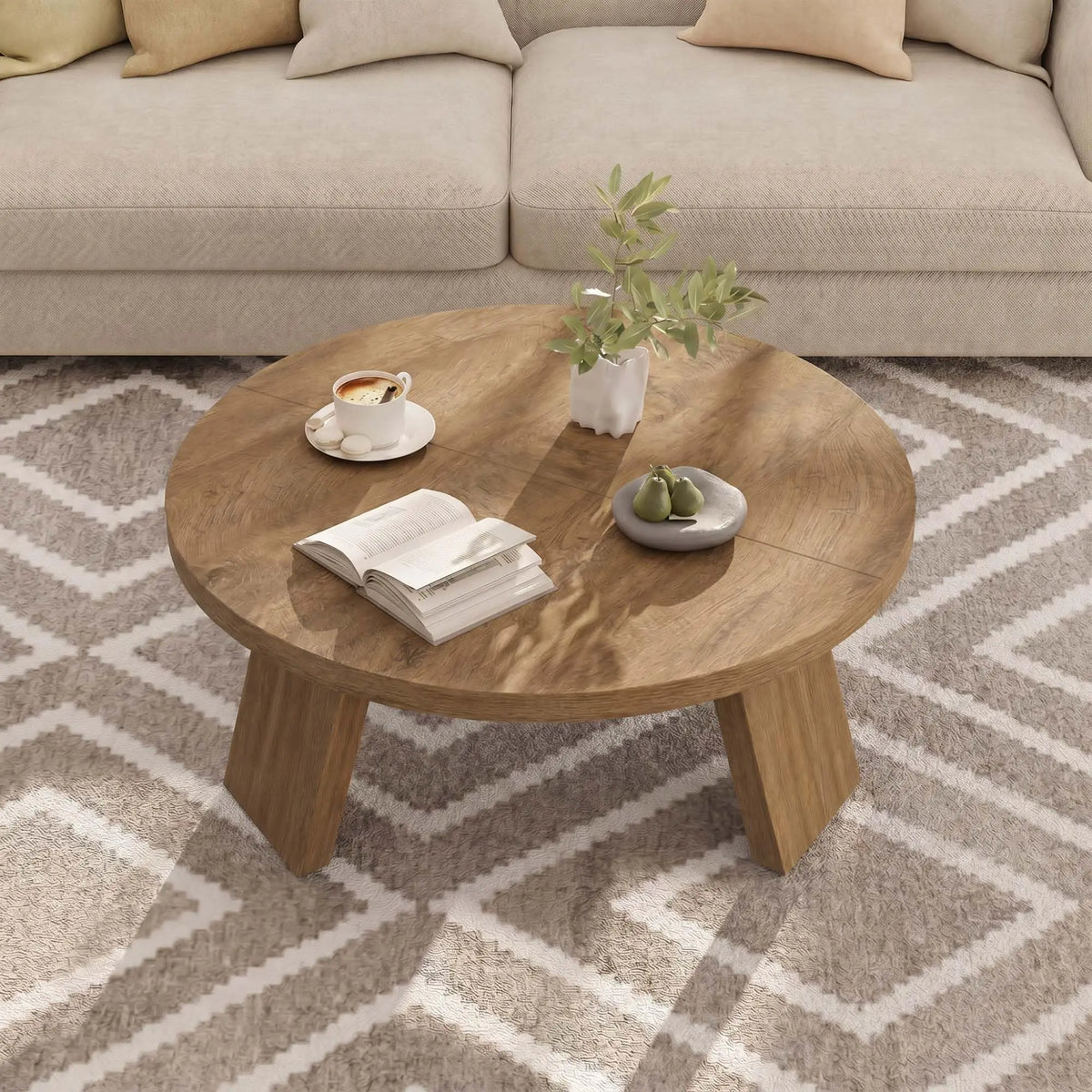 33.5 Inch Round Coffee Table For Living Room, Modern Center Table With Wood Grain Top and Angled Legs For Apartment