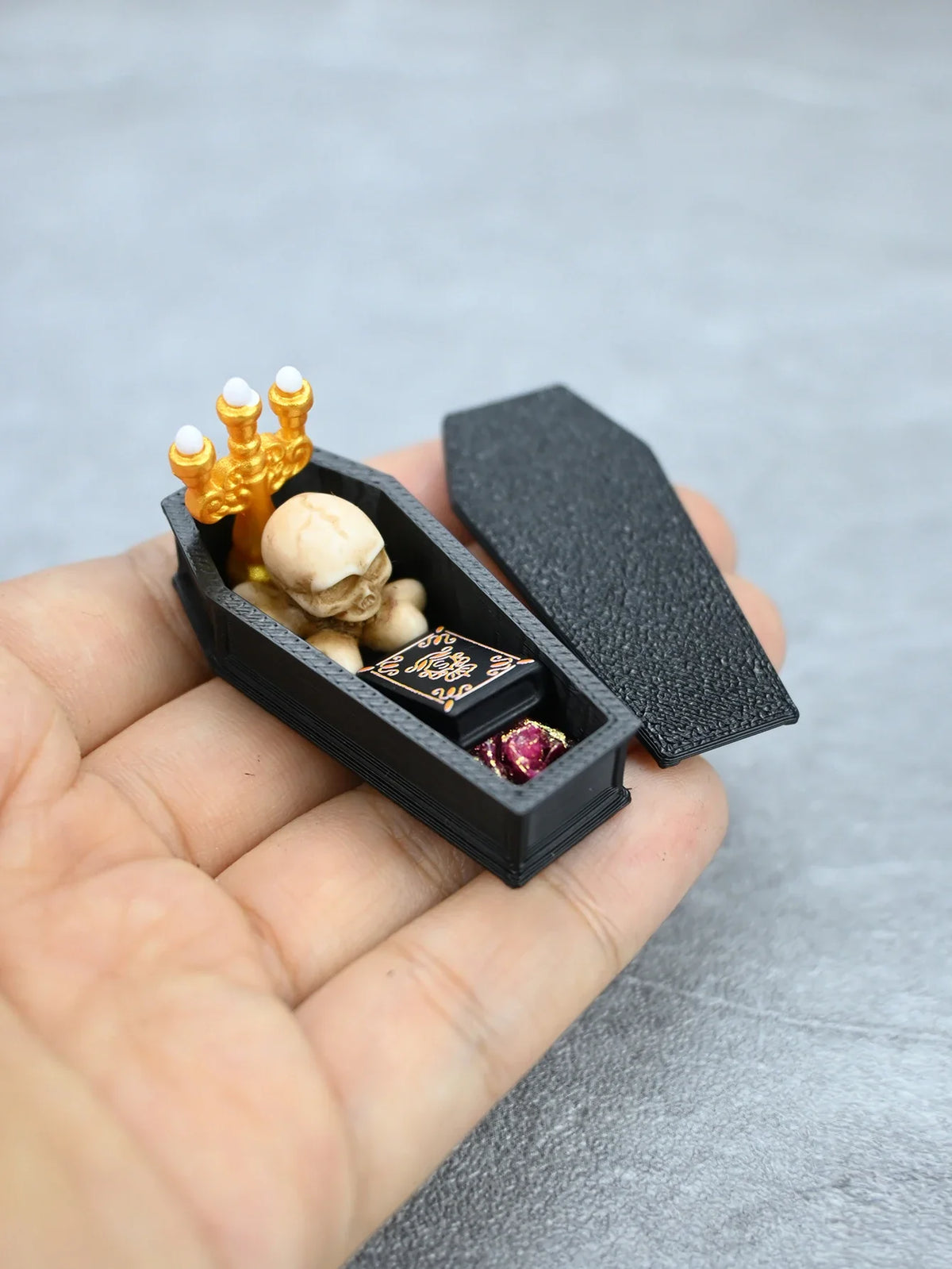 Miniature Skeleton Coffin Scene Ornament, Vampire Coffin