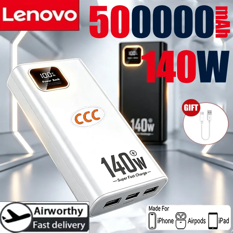 Lenovo 500000mAh CCC Large Capacity 140W 2027NEW Power Bank Portable Super Fast Charging Battery Charger for Xiaomi iPhone