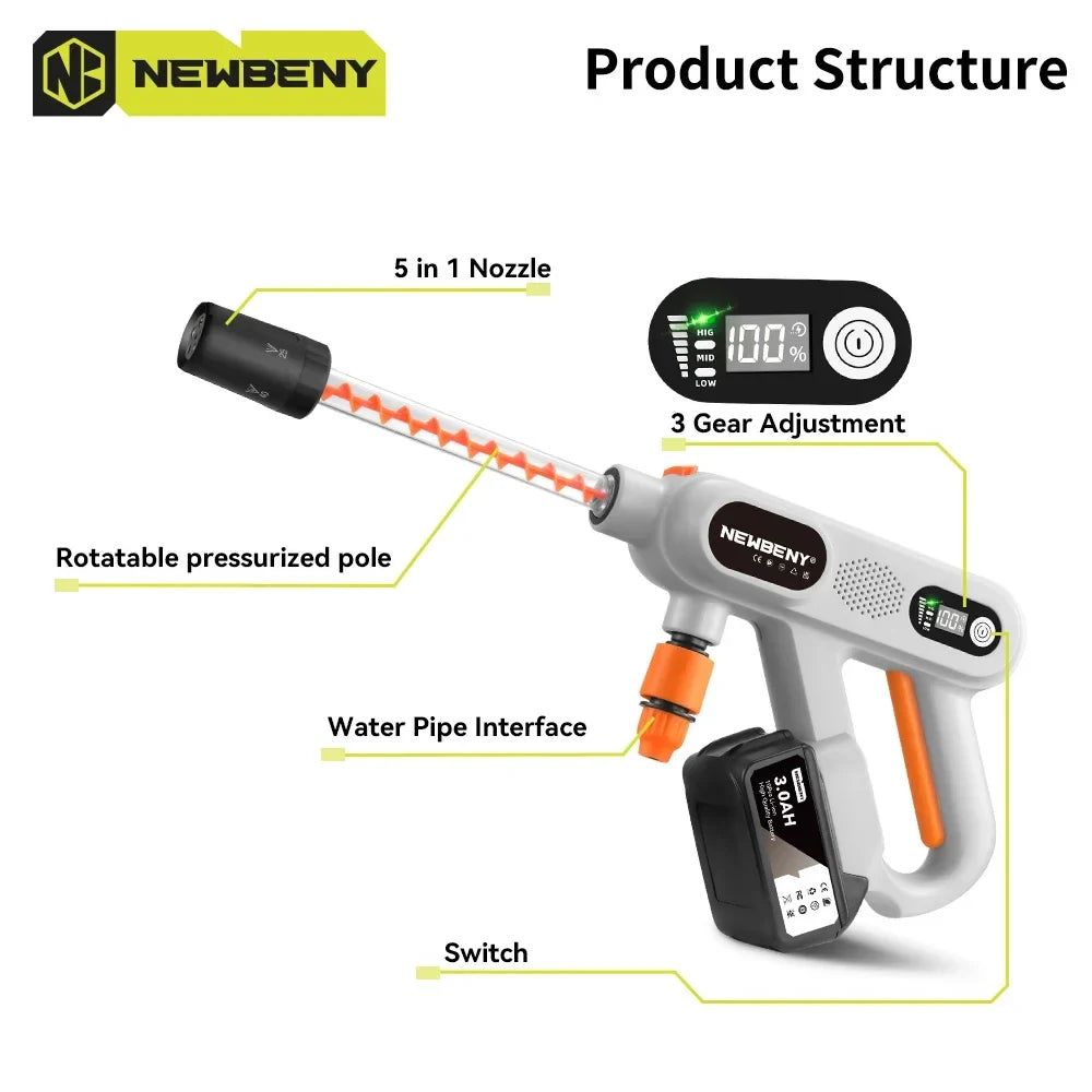 NEWBENY 220Bar 5 IN 1 Brushless Car Washer 3 Gears Cordless Household Garden Cleaning  Tool For Makita 18V Battery Pin