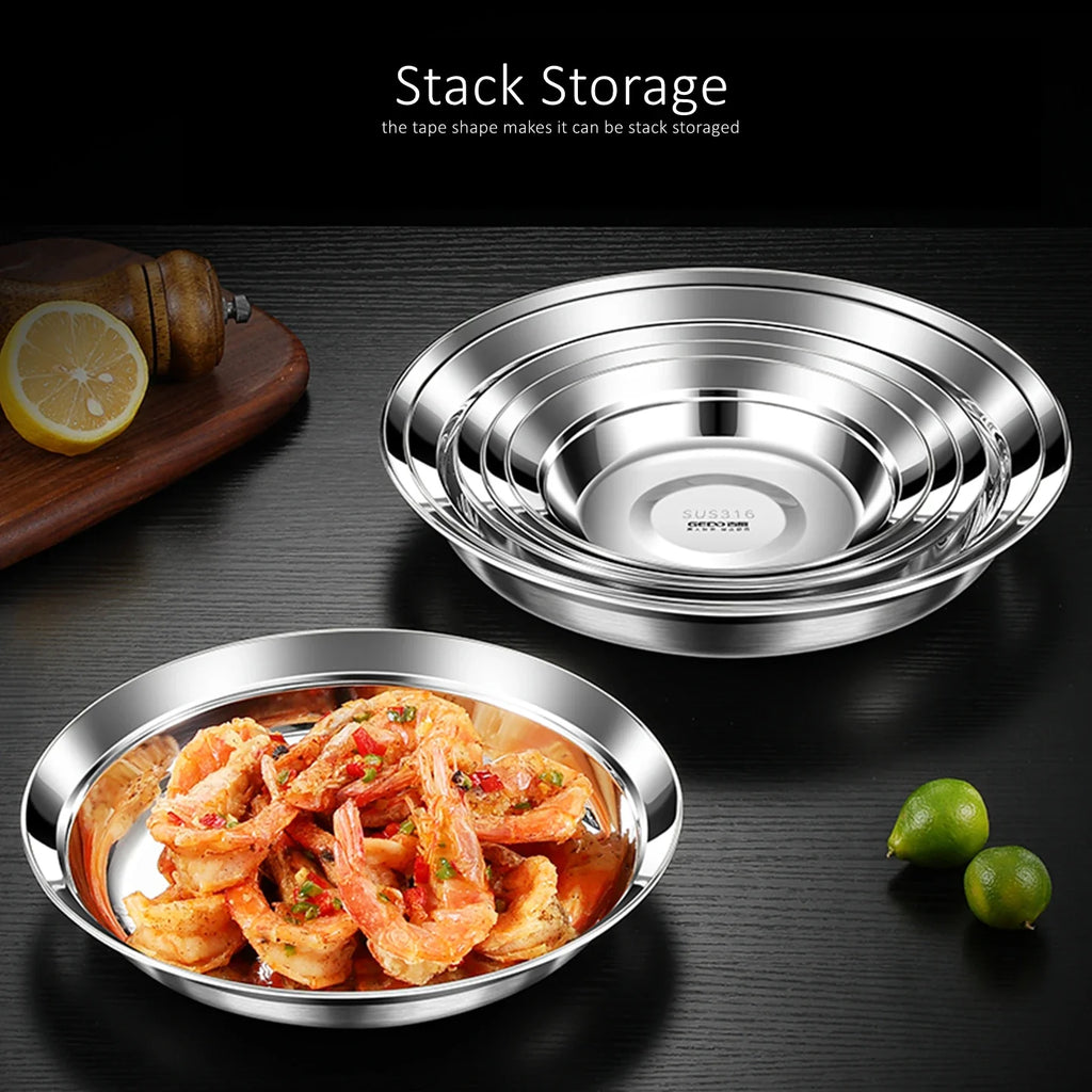 20~26cm Diameter Pure 316L Stainless Steel Plate LFGB Certified 99.9% Anti-bacterial Dinning Platter Fall Resistant Tableware