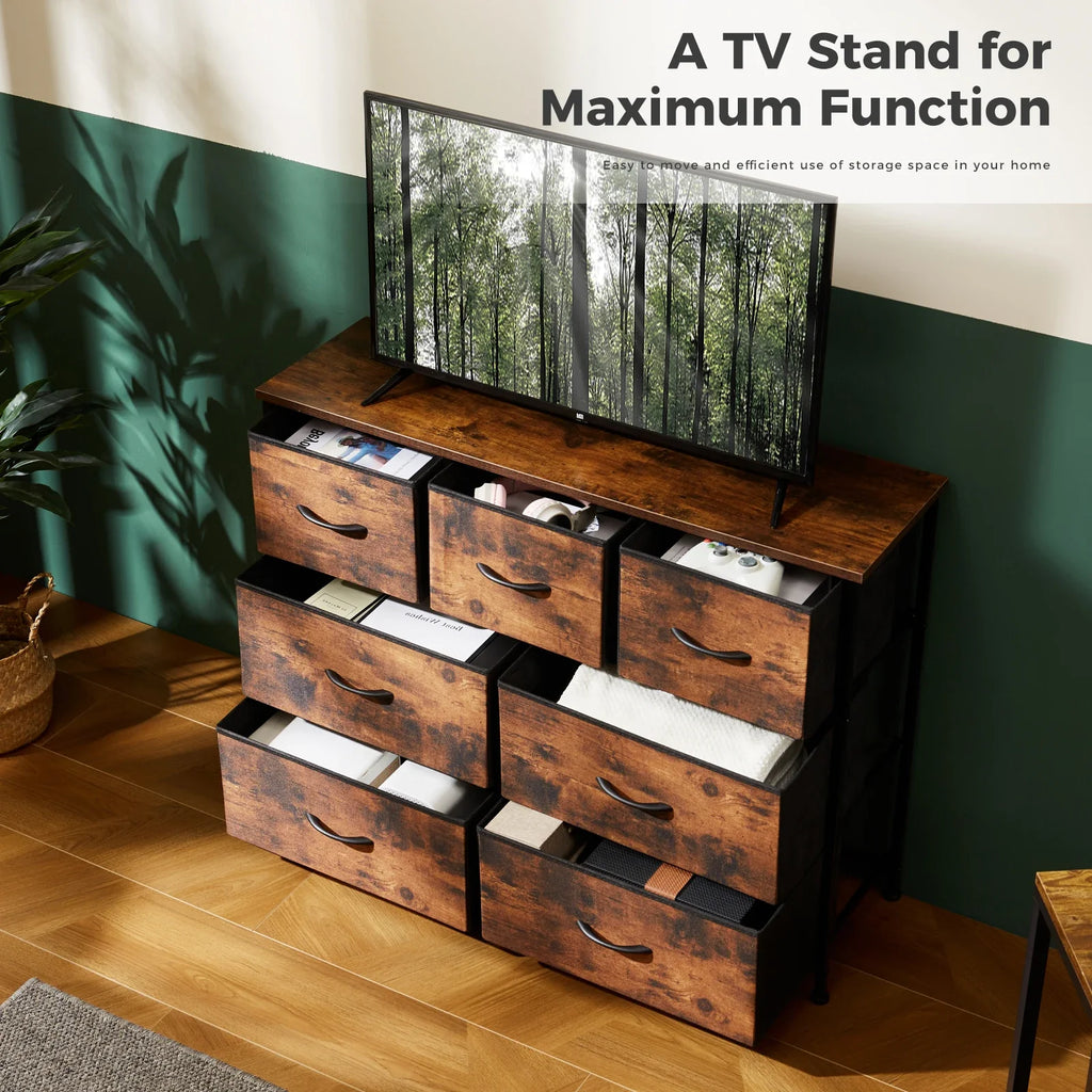 MCQ 7-Drawer Fabric Storage Cabinet - Metal Frame, Wooden Top, 66lb Capacity, 4 Adjustable Feet, Ivory / Light Gray / Rust / Black
