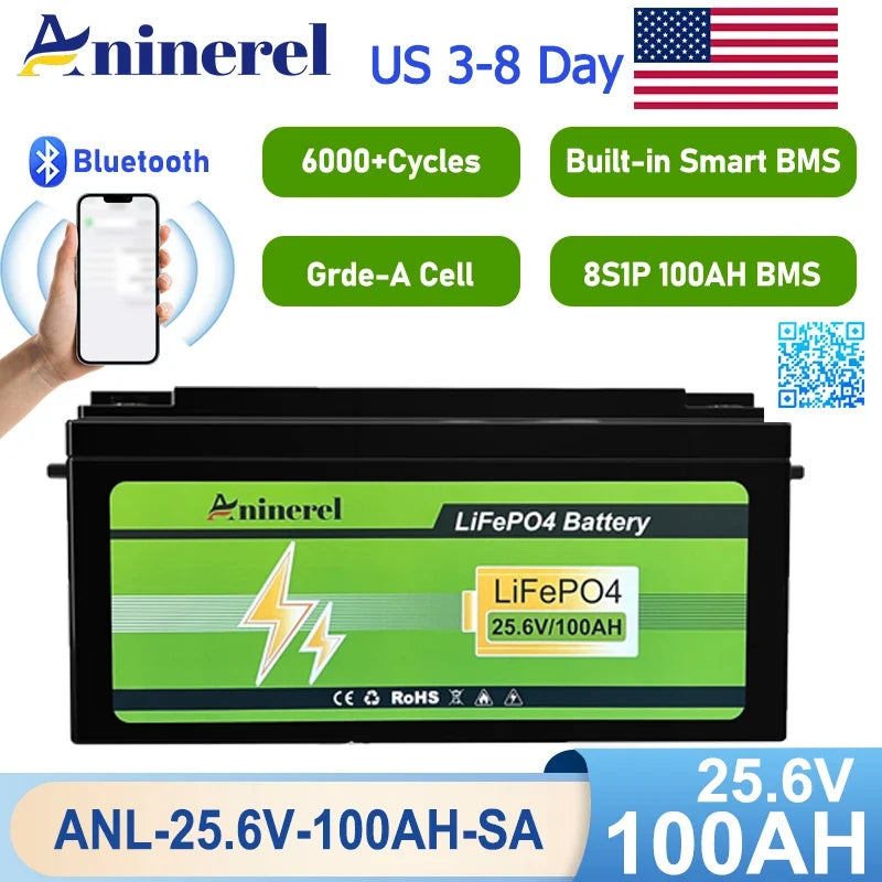 Aninerel  24V 100Ah 2560Wh Lithium LiFePO4 Battery with 100A BMS Perfect for RV Golf Cart Solar Power System Trolling Motor