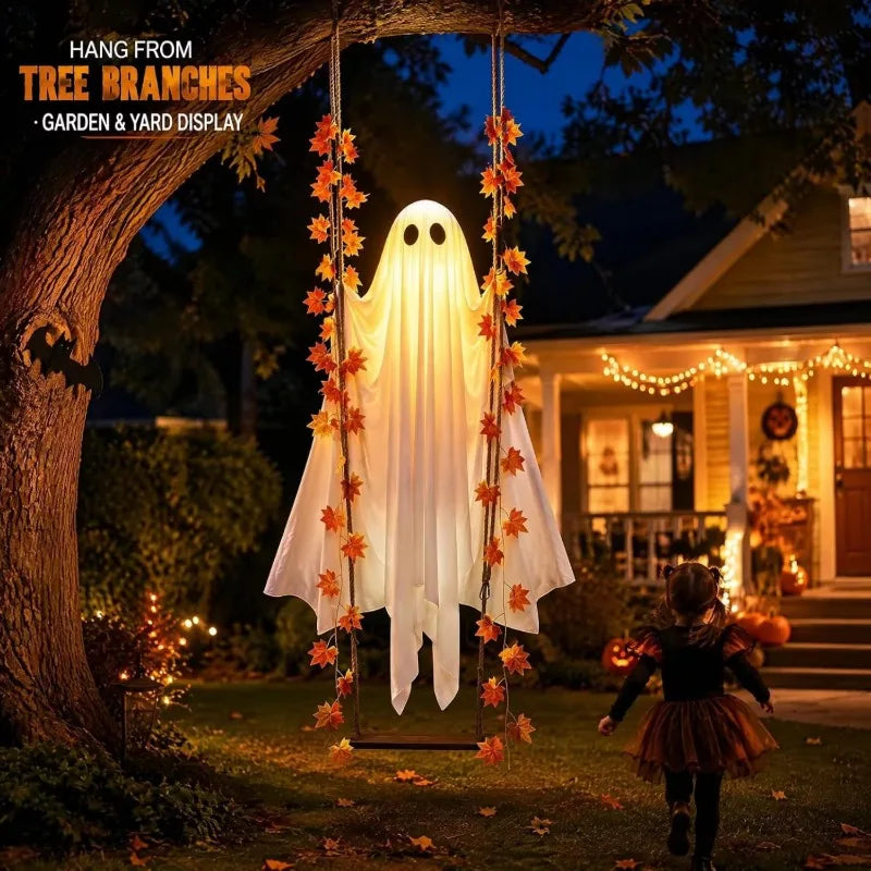 Halloween Luminous Hanging Ghost Swing with String Lights - Outdoor Yard Ghost Swing Ornament in White Cloth, Maple Leaf & Tulle Versions