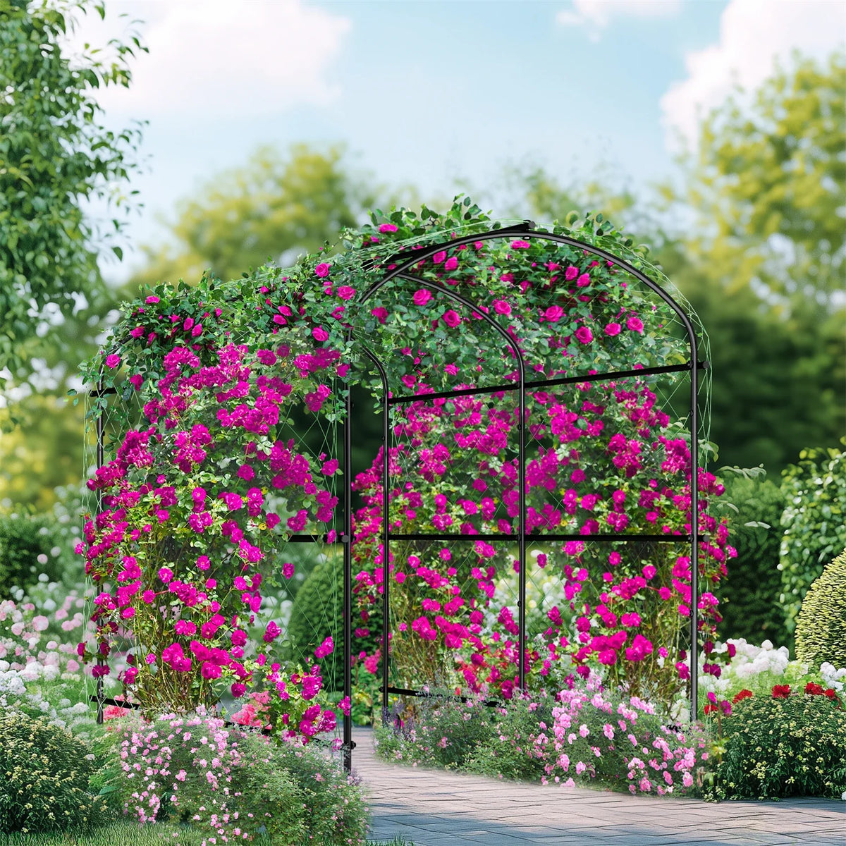 U-Shaped Garden Cucumber Trellis for Climbing Plants Support Frame with Nylon Netting and Spikes Metal Garden Trellis Arch