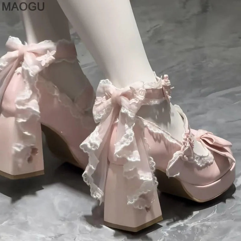 Lovely Girls Pink Lolita Butterfly Knot High Heels Platform Shoes for Women Cute Sakura Dress Mary Janes Beige Size 34-42