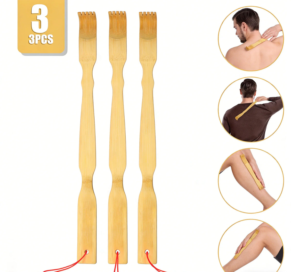 3Pcs Heavy Duty Bamboo Back Scratcher Long Handle Portable Household Daily Relax Accessory