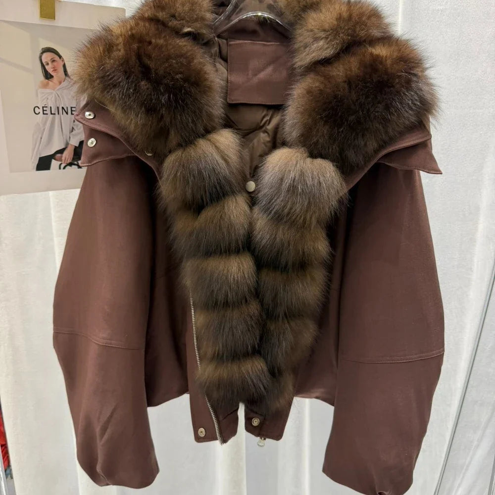 OFTBUY Women Hooded Large Fox Fur Coat Real Duck Down Parka Windproof Fabric Jacket Winter Drawstring Thick puffer jacket woman