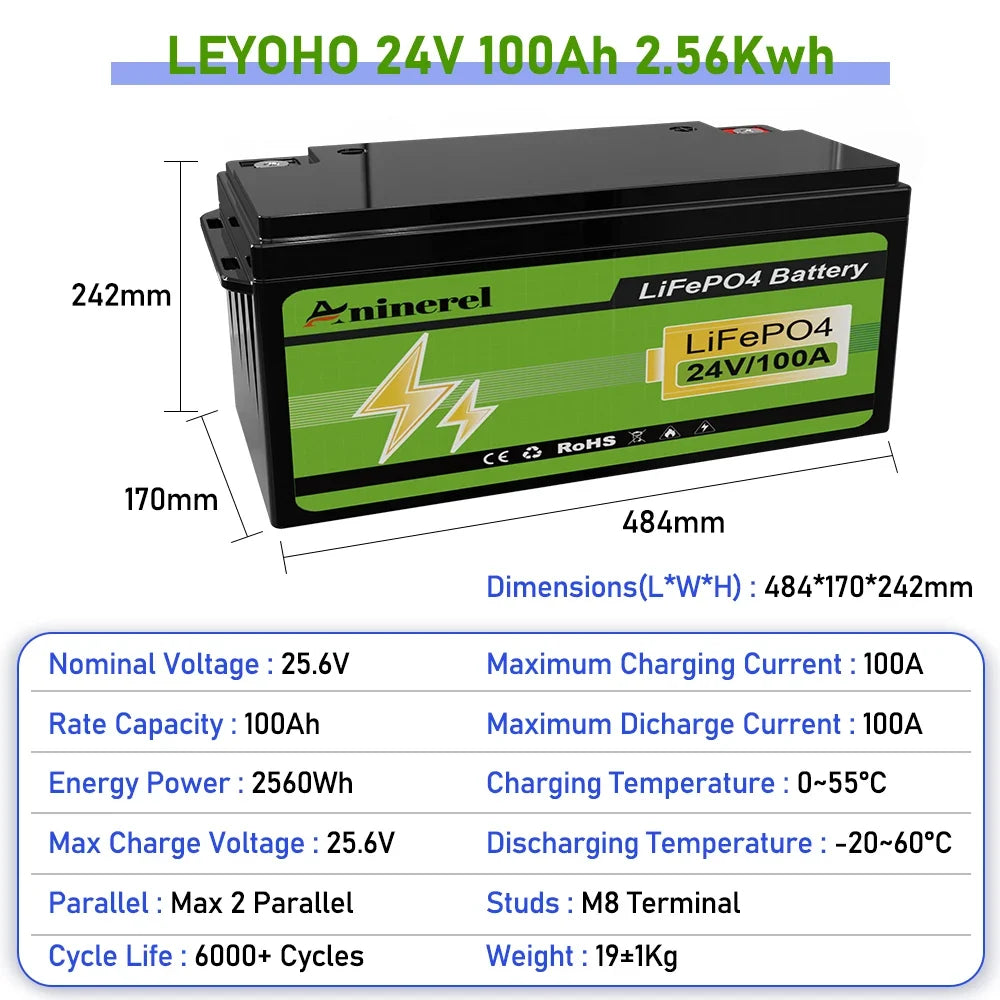 Aninerel 3840Wh 12V 300AH 24V 100Ah 2560Wh Lithium LiFePO4 Battery with 100A BMS Perfect for RV Golf Cart Solar Power System Trolling Motor