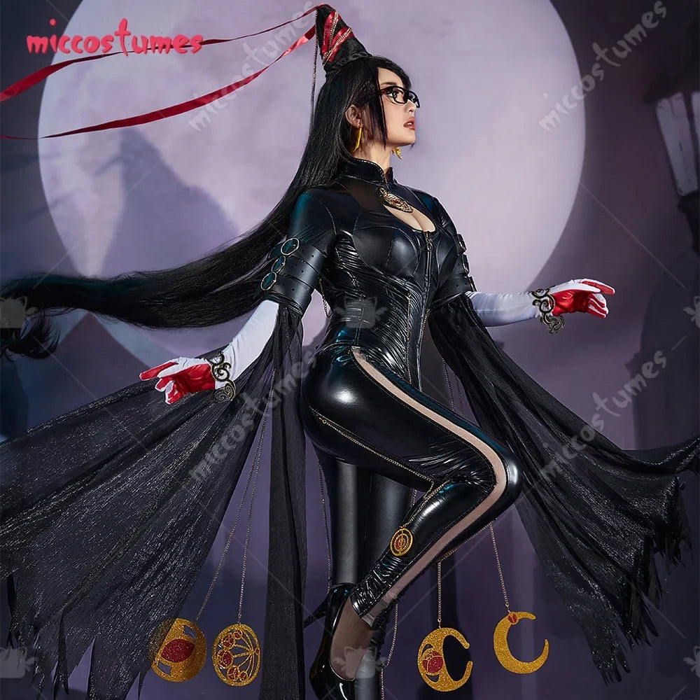 【Ready for Ship】Miccostumes Women's Black Witch Cosplay Costume Backless Bodysuit with Gloves Chains and Socks for Halloween