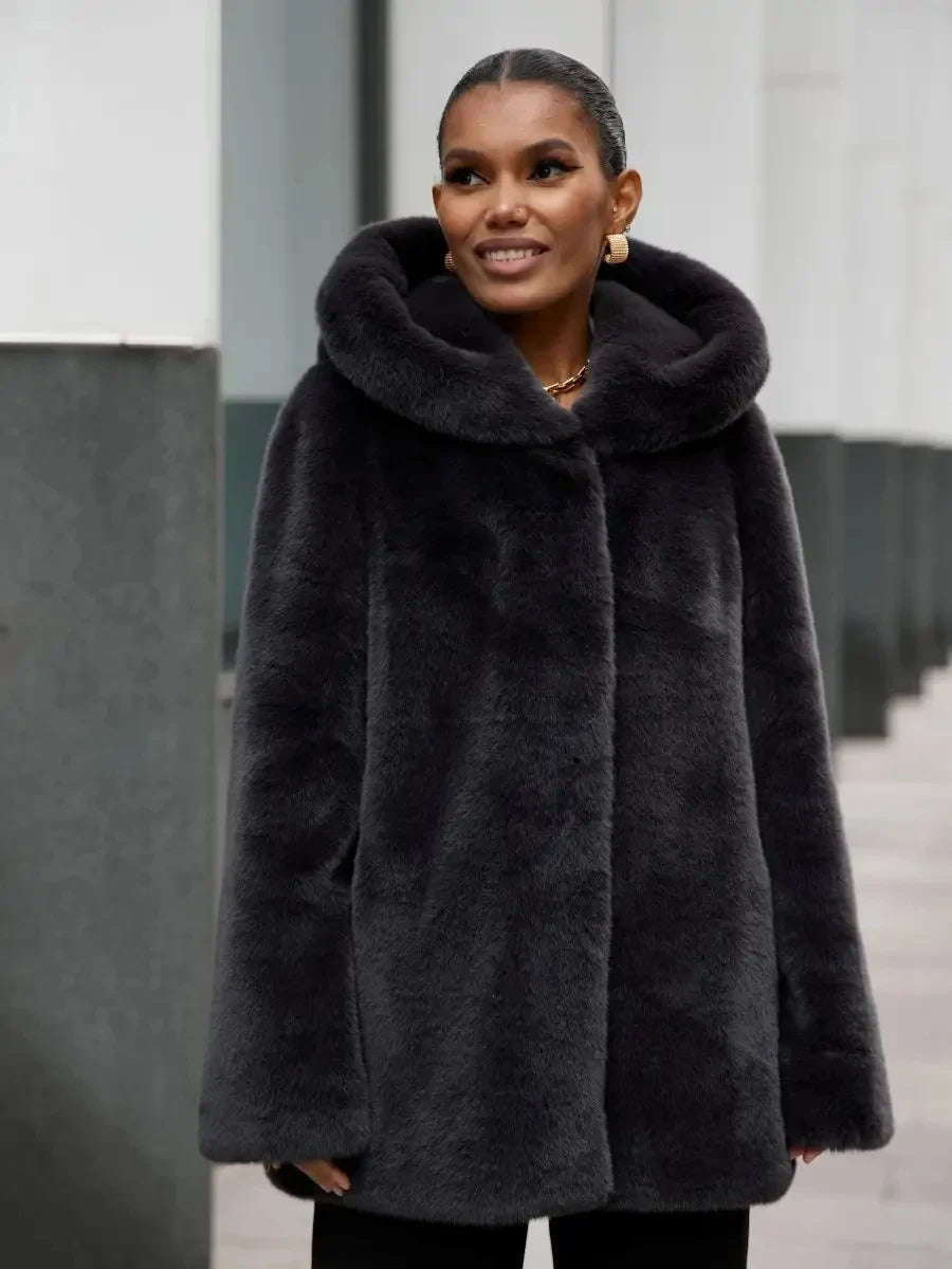 2026 Autumn Winter Women Faux Mink Fur Jacket Hooded Lapel Collar Open Front Mid Long Fluffy Coat