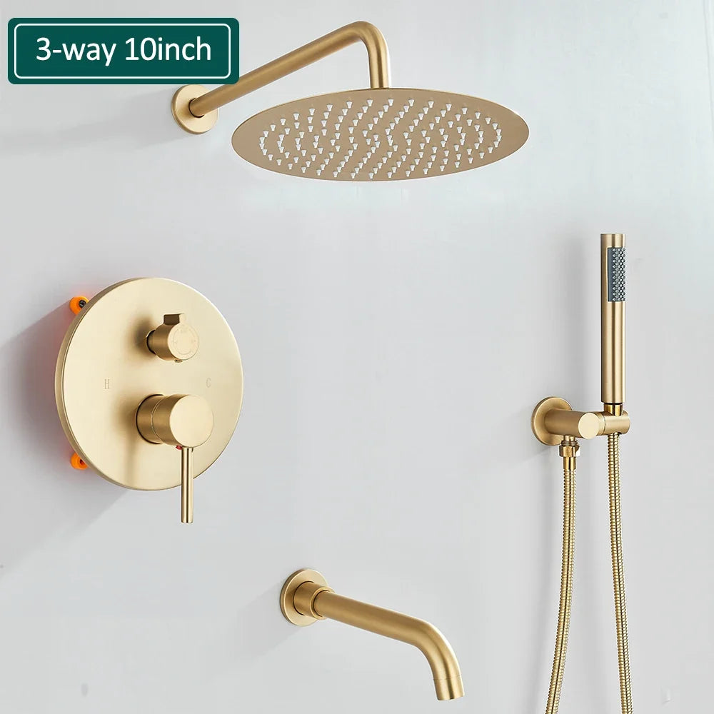 Gold Brushed Shower Faucets Set 2/3 Way Concealed Shower System For Bathroom Rainfall Shower With Tub Spout