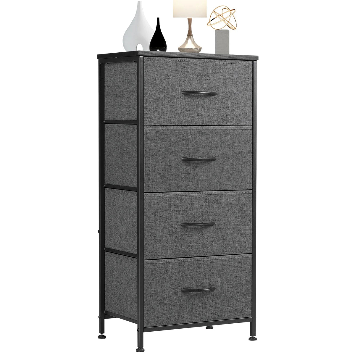 JHK 4-Drawer Fabric Nightstand - Metal Frame, Wooden Top, 25" Height, Gray / White / Chocolate / Black