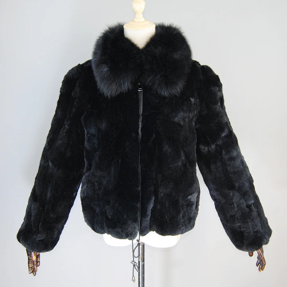 New Luxury Lady 100% Natural Rex Rabbit Fur Coat Women Winter Thick Warm Real Rex Rabbit Fur Jacket With Quality Fox Fur Collar