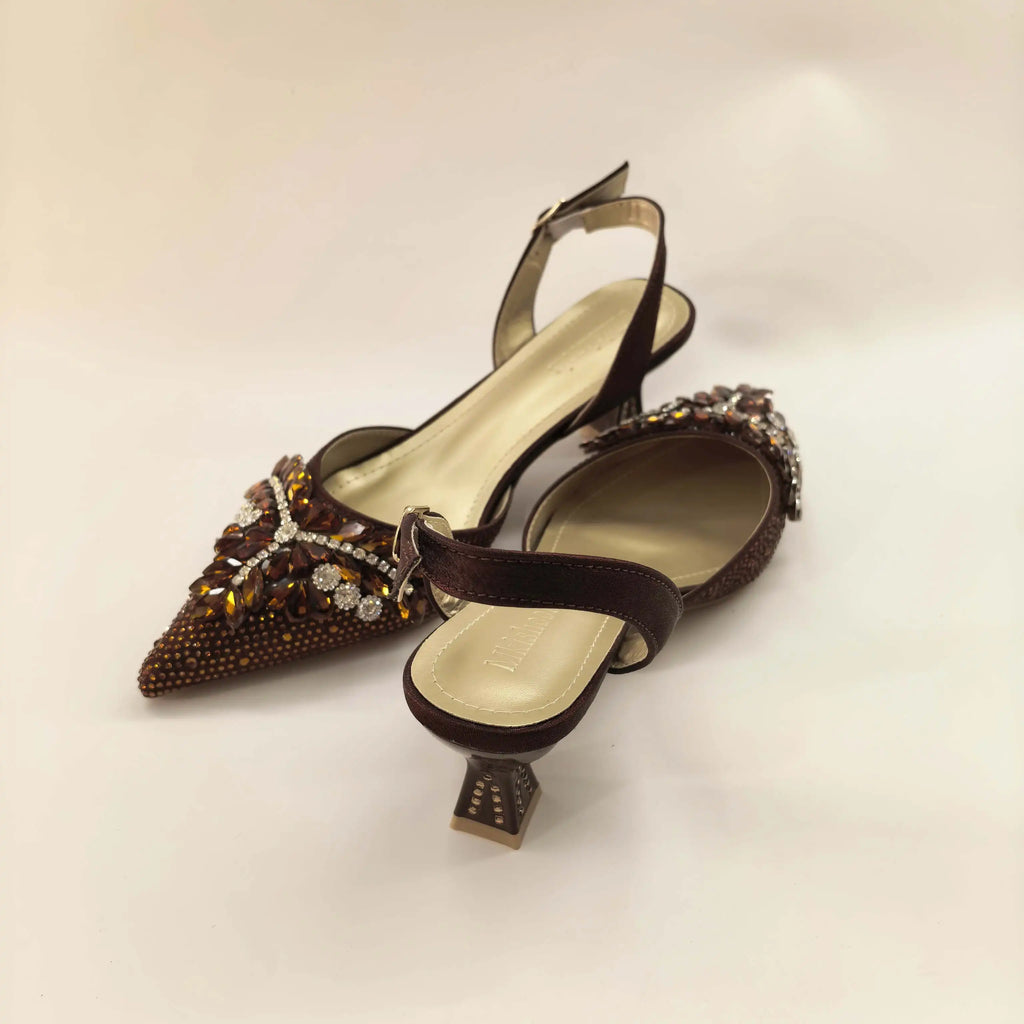 New Itlian Design Brown Color Rhinestone High Heel Shoe And Bag Fashion Style Pointed-Toe Shoes For Party Occasions