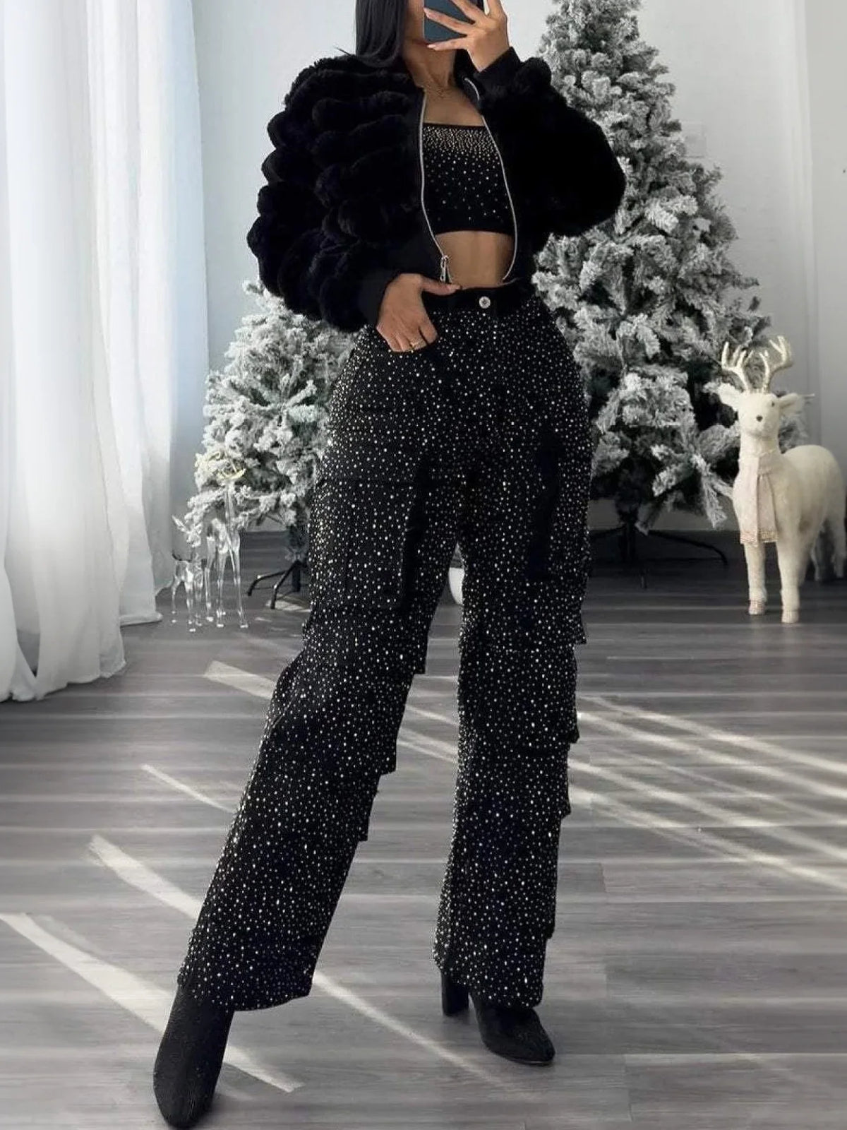 2026 New High Waist Black Rhinestone Multi-pocket Work Jeans, Street Style, High Quality Fashionable Straight Jeans, a Must-have for Street Style