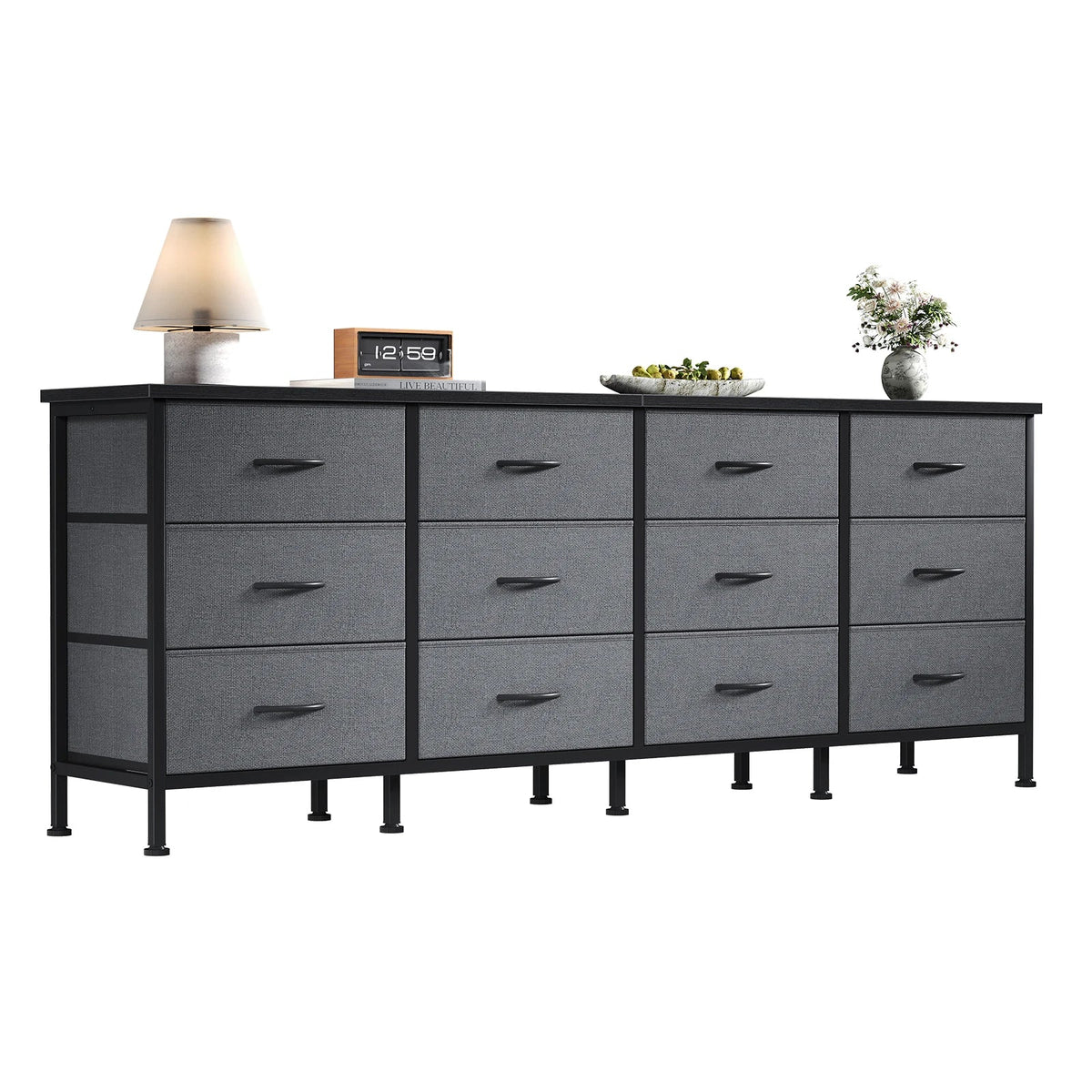 JHK 12-Drawer Fabric Storage Cabinet - Metal Frame, 12mm Particleboard Top, 110lb Capacity, Anti-Tip, Gray / Black / Chocolate / Ivory