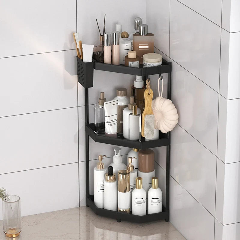 1PC Rust-Proof Corner Shower Triangle Rack 2/3 Tier Bathroom Organizer Shampoo Storage Shelf with Hooks for Bathroom Storage
