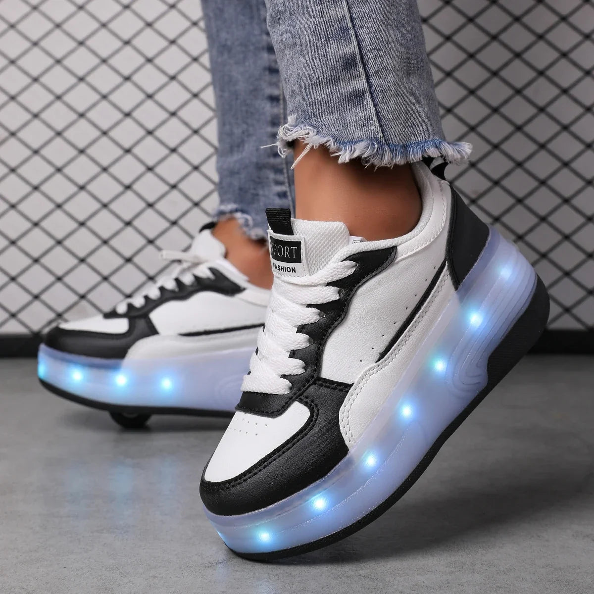 LED rechargeable flashing roller skates for boys and girls with detachable wheels, stylish skateboard shoes, durable and breathable