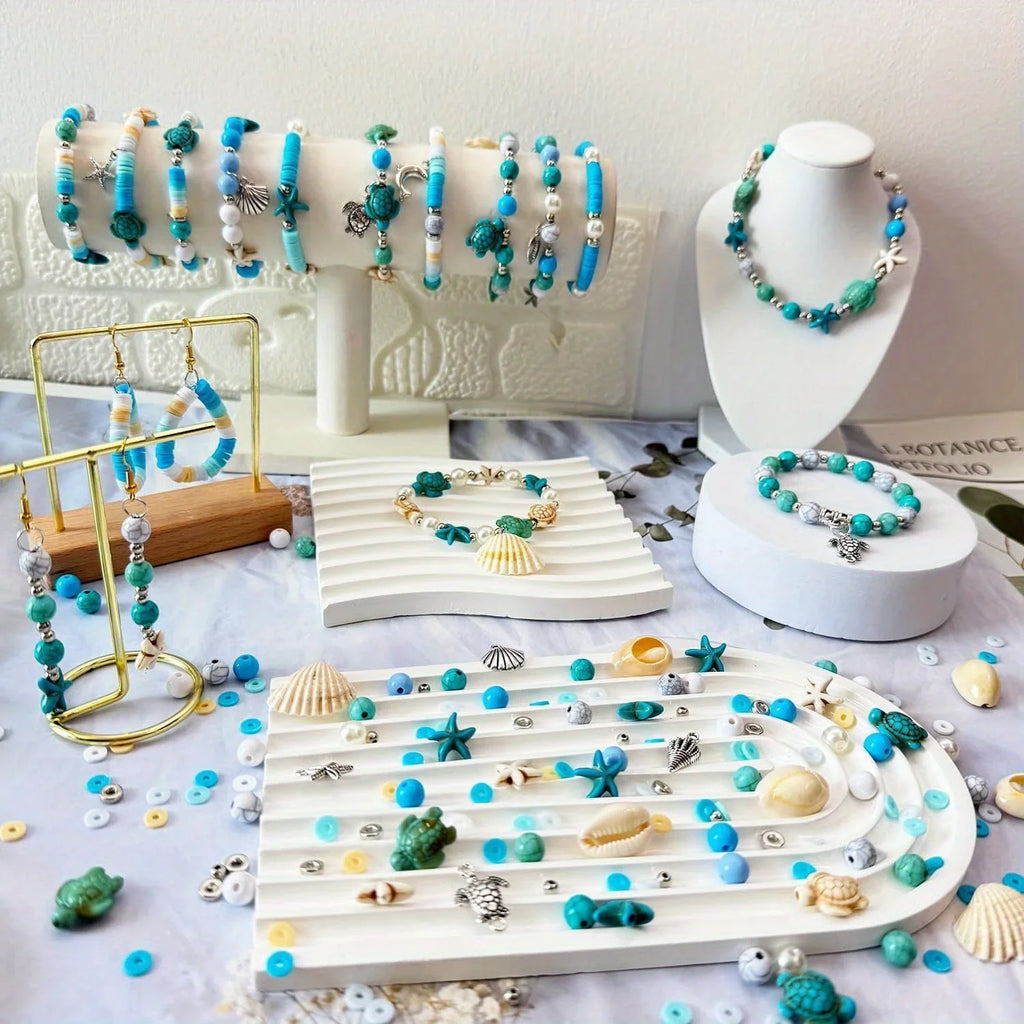 1860pcs Sea Blue and White Beads Paired with Sea Turtle and Starfish Shaped 8mm Round Beads, Suitable for Bracelets, Jewelry, Ke