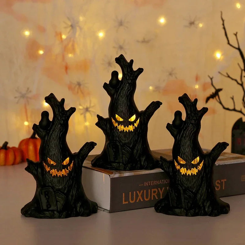 LED Halloween Ghost Tree Stump Lantern – Glowing Ghost Face Pumpkin Night Light for Indoor Party, Haunted House & Seasonal Decor – 1 or 2 Pack