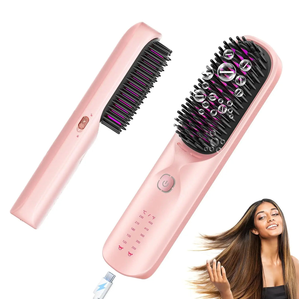 10000mAh Cordless Hair Straightener Comb Brush 5S Fast Heating for Travel - 300M Negative Ions for Frizz-Free Shine for Women