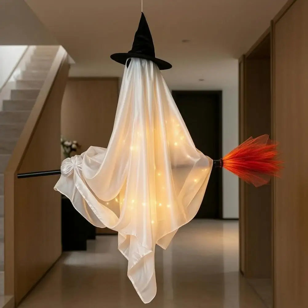 Hanging Ghost with Broom Halloween Decoration, Light Options