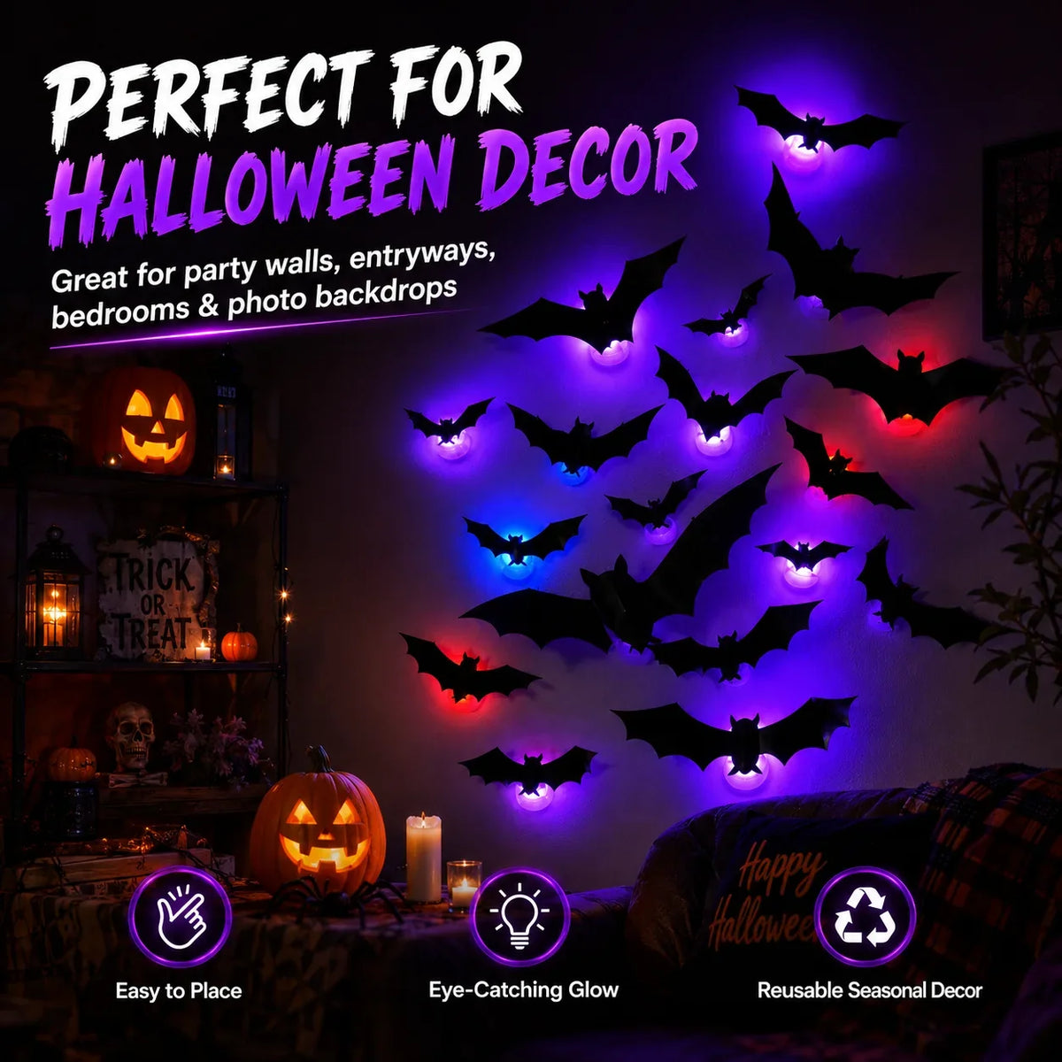 Halloween Bat Wall Light Decorations - 12 to 70 Piece Sets