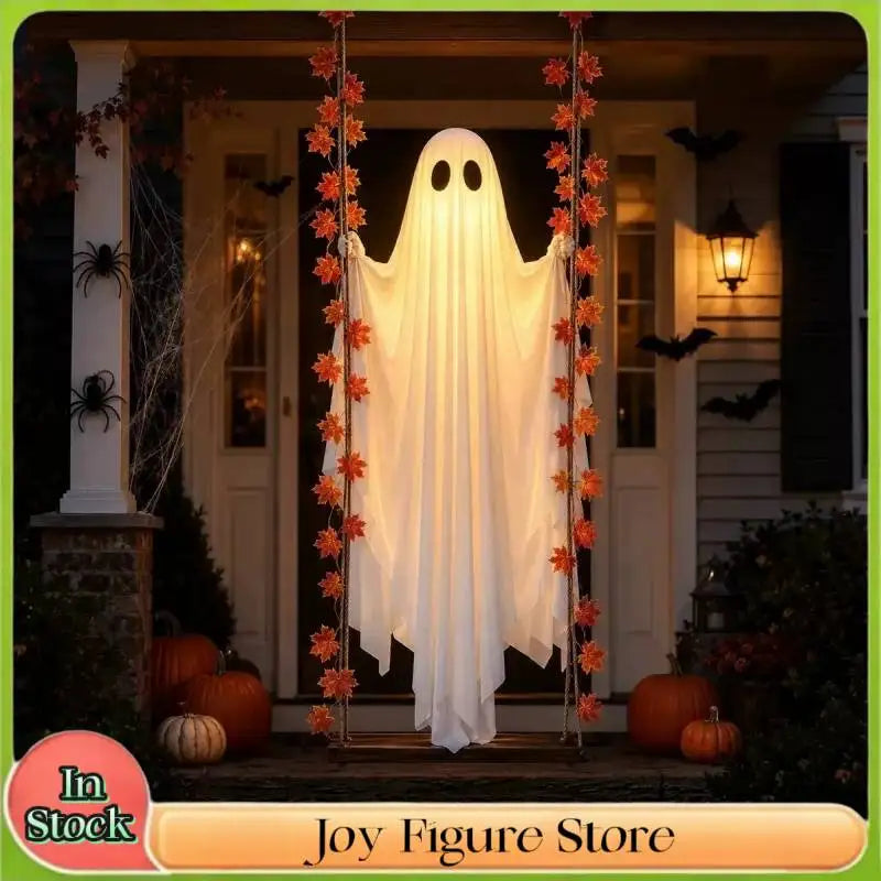 Halloween Luminous Hanging Ghost Swing with String Lights - Outdoor Yard Ghost Swing Ornament in White Cloth, Maple Leaf & Tulle Versions