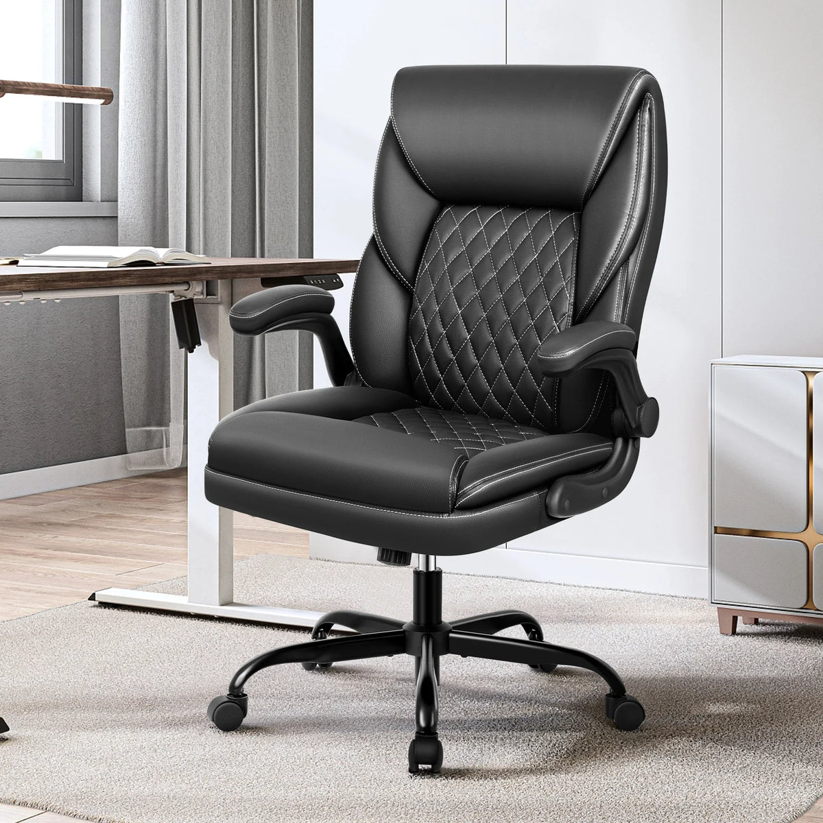 KERDOM Office Desk Chair, Mid Back Executive Leather Chair,Ergonomic Home Computer Chair,Modern Conference Room Chairs with Adjustable Flip-Up Arms and Rocking Function, Black