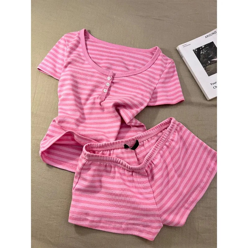 Pink Striped Short Sleeve T-shirt Shorts Set Woman Buttons Slim Tees+Elastic Straight Short Pant Cotton Home Pajama 2 Piece Sets