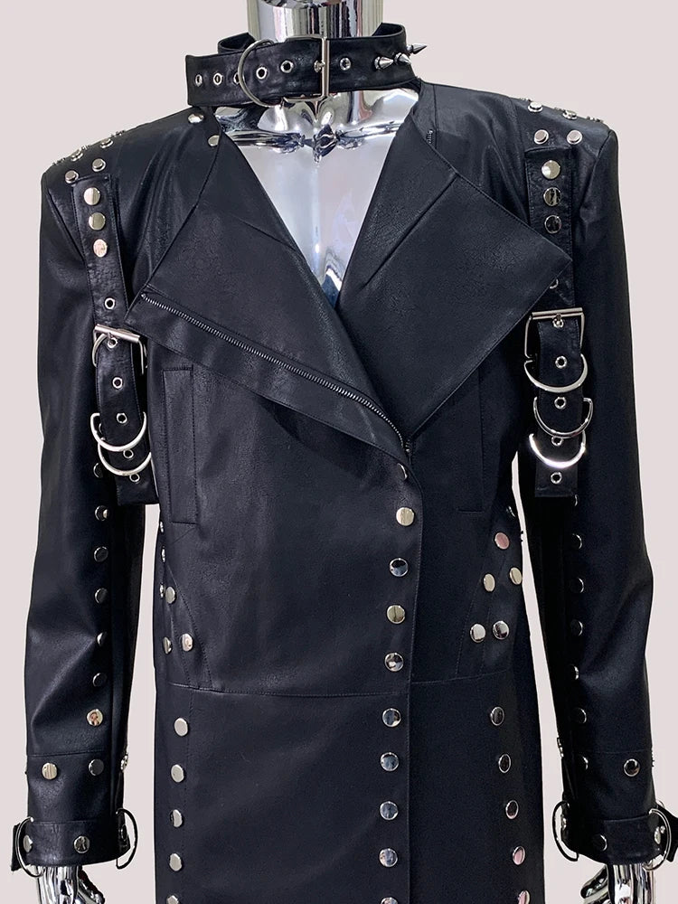 Men’s Luxury Black PU Leather Trench Coat – Rivet Punk Designer Jacket | Longline Streetwear Overcoat (Spring/Fall)