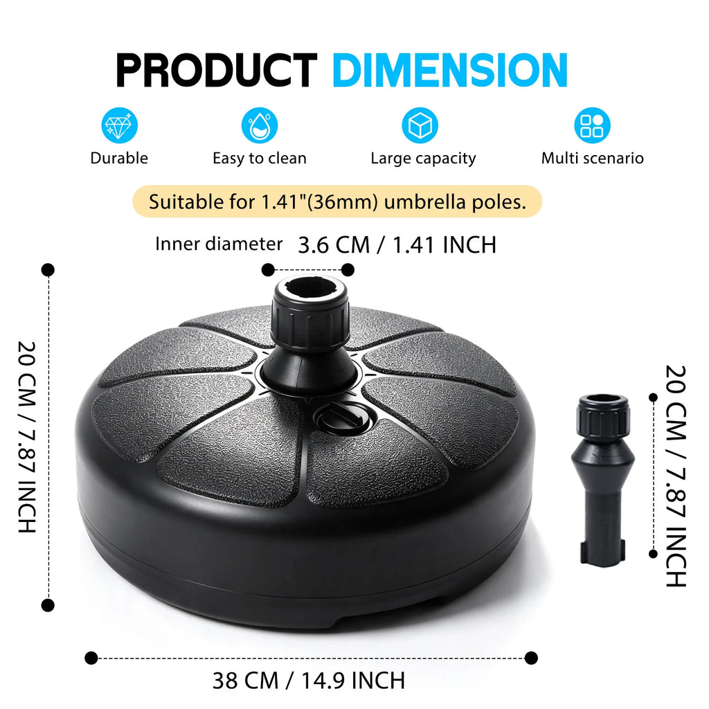 26lbs Fillable Water Sand Umbrella Base Stand, 38CM Round Patio Parasol Base Weight Holder Fit 36mm Outdoor Garden Beach Balcony Market Umbrella Pole, Heavy Duty Anti-Wind Umbrella Stand Base