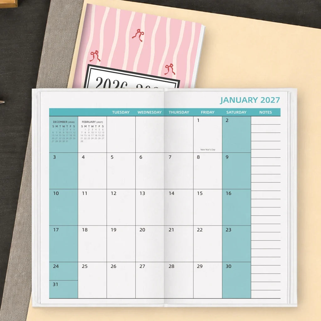 1PC A6 2026-2027 Monthly Planner Notebook, July 2026-June 2027, Pink Bow Soft Cover, Monthly View with Notes