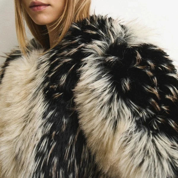 Women Black & Beige Two-Tone Fur Fluffy Cropped Jacket, Open Front Collarless Side Pockets, Winter Warm Casual Street Outerwear
