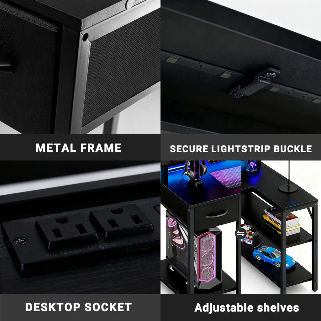JHK L Shaped Gaming Desk with USB Charging Ports & LED Lights Reversible Desks Computer Gamer Table for Home Office Small Space