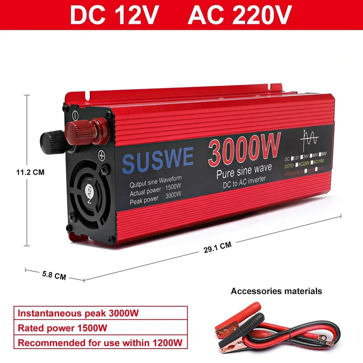 Pure Sine Inverter 1000W-3000W DC To AC 12V/24V To 110V/220V Car Power Inverter Portable Power Bank Converter Car Transformer