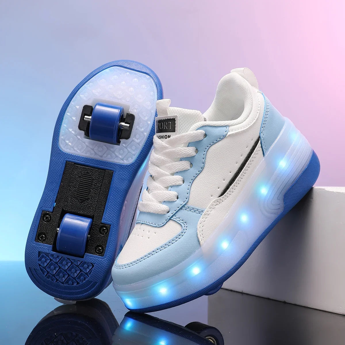 LED rechargeable flashing roller skates for boys and girls with detachable wheels, stylish skateboard shoes, durable and breathable