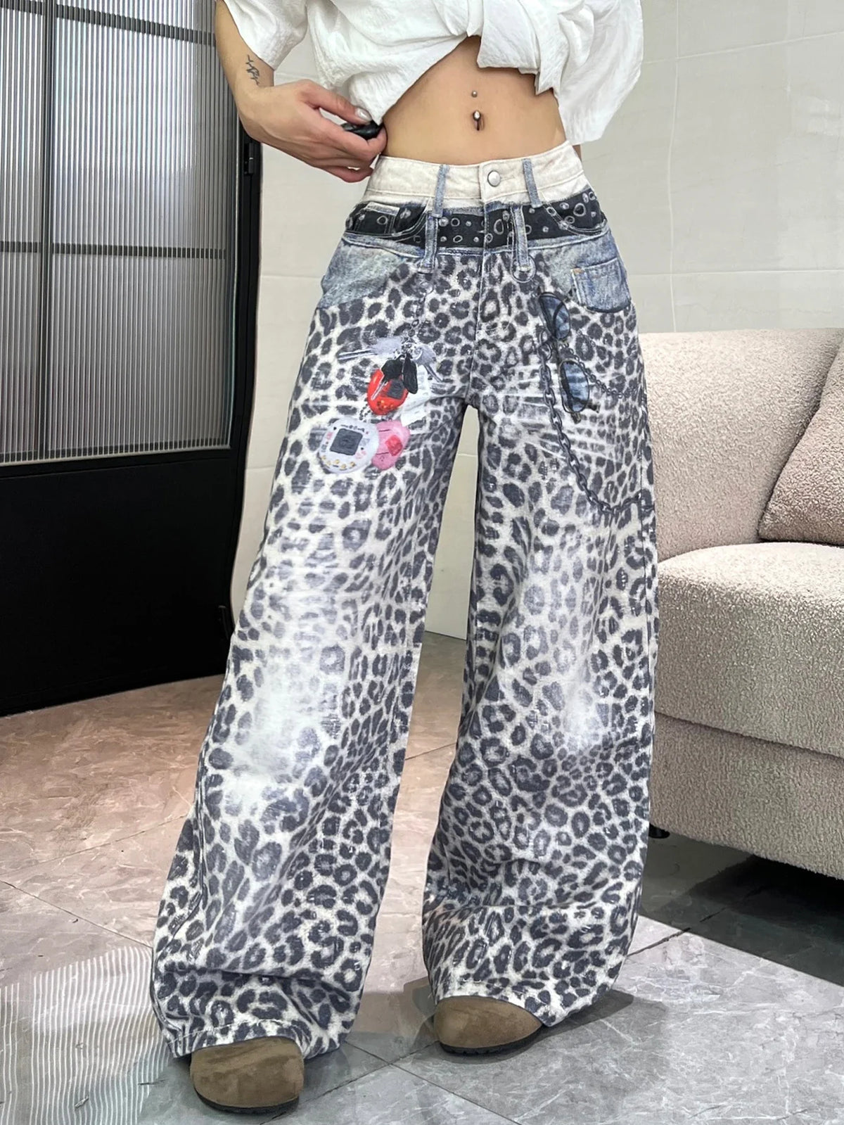1PC Vintage Leopard Print High-Waist Loose Women's Jeans, Fashionable Design, Street Style Casual Versatile Wide-Leg Pants