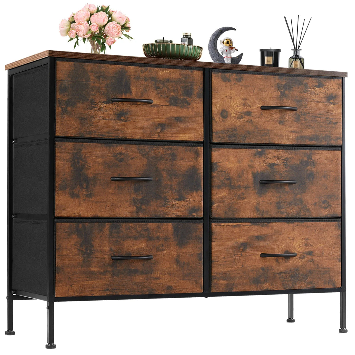 JHK 6-Drawer Fabric Storage Cabinet - Metal Frame, Wooden Top, 66lb Capacity, 4 Adjustable Feet, Chocolate / Ivory / Grey / Black
