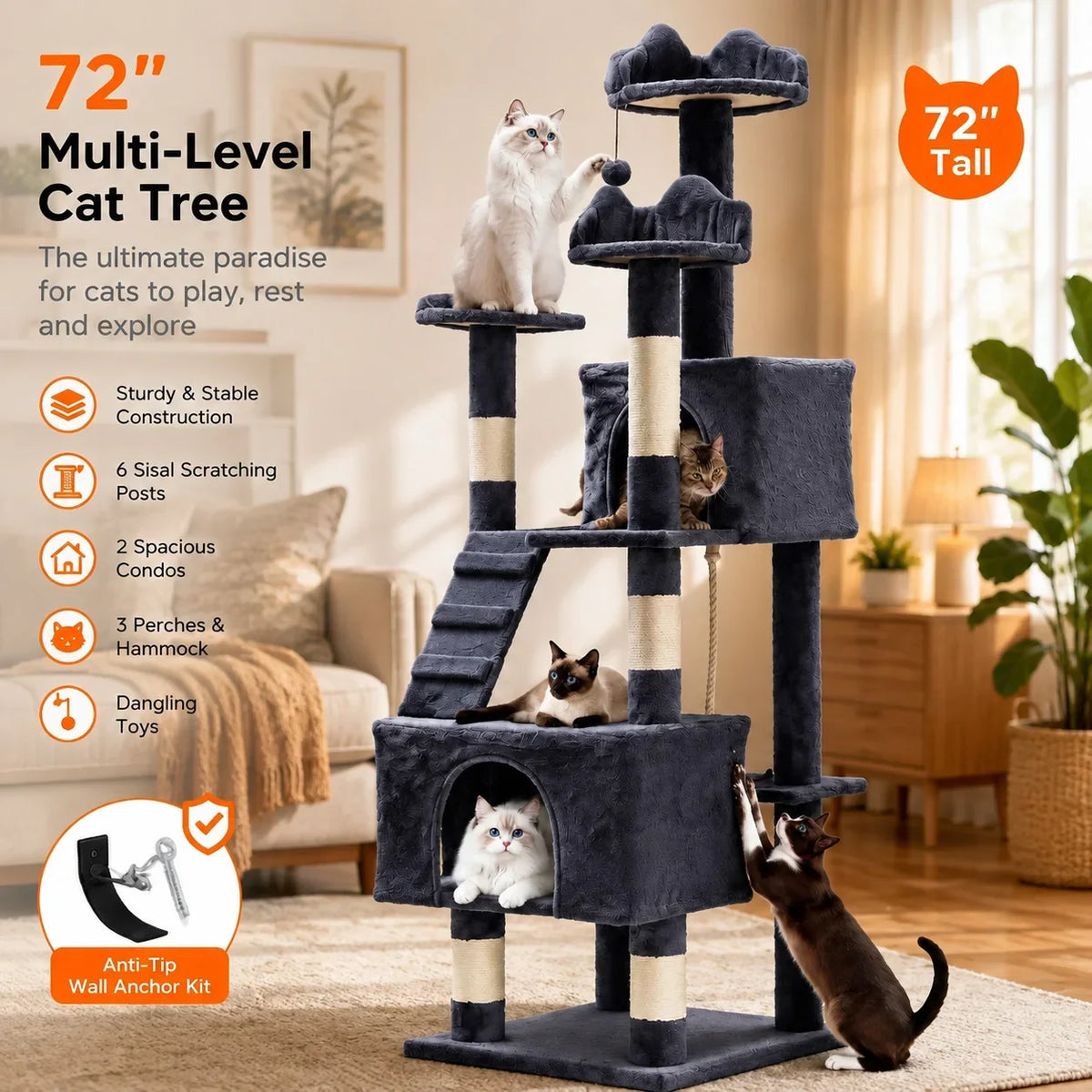 72-Inch Multi-Level Cat Tree Tower - Particle Board, 6 Sisal Posts, 2 Condos, 3 Perches, Hammock, Tunnel, Anti-Tip Kit, Grey