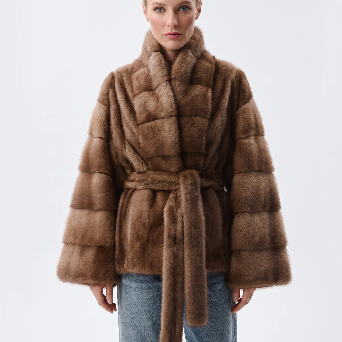 IG 2026 Women Stand Collar Belted Waist Faux Mink Fur Jacket Loose Long Sleeve Luxury Elegant Winter Party Daily Outer Coat
