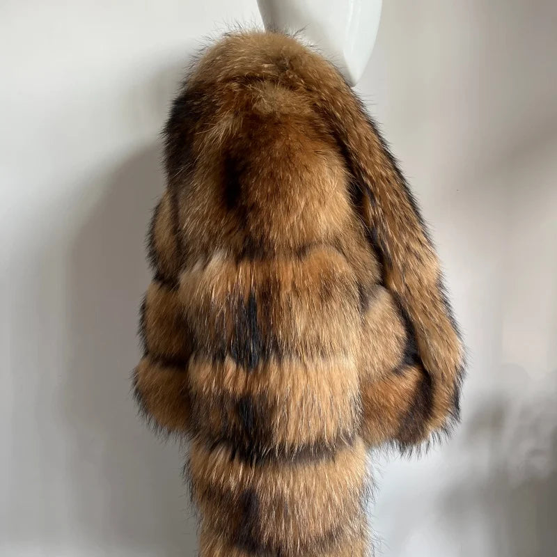 BEIZIRU Women's Real Raccoon Fur Coat with Big Turn-down Collar Winter Long Sleeve Natural Luxury Fashion Outerwear